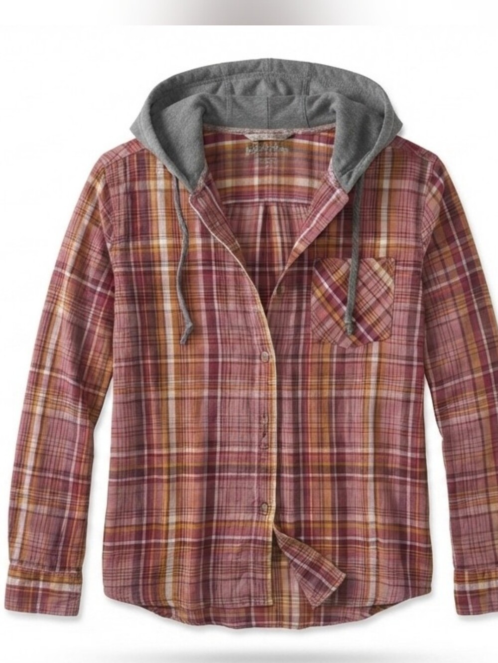 Mudd Women's Plaid Hooded Flannel Shirt Medium Pink Brown Button Down Hoodie